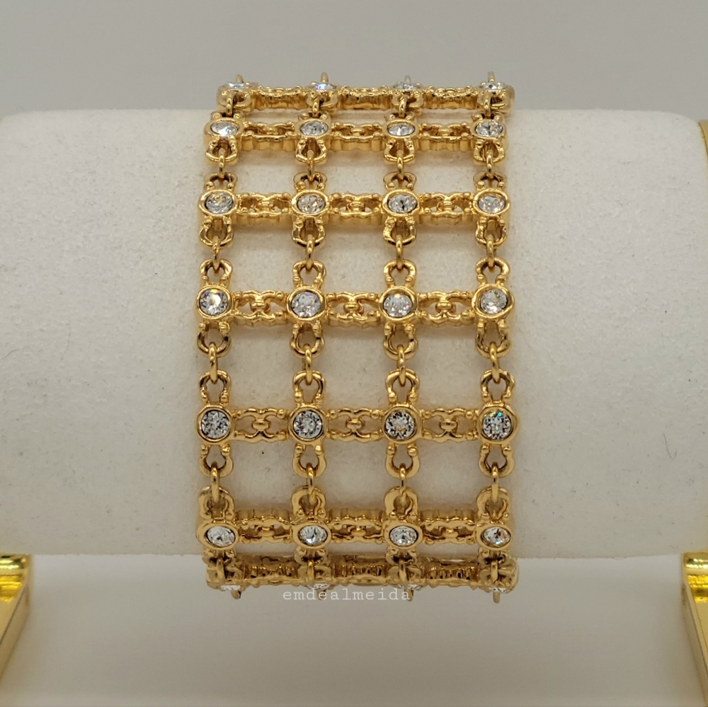 SOLD - Swarovski Crystal Vintage Gold Tone Lattice Weave Statement Bracelet - Picture 1 of 6